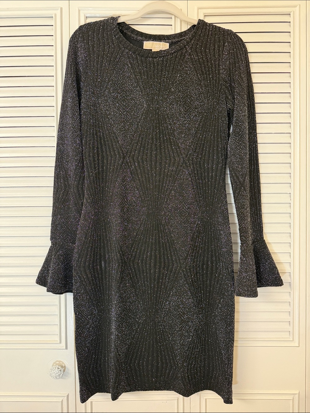 Michael Kors Metallic Black Long-Sleeve Shift Dress with Flared Cuffs